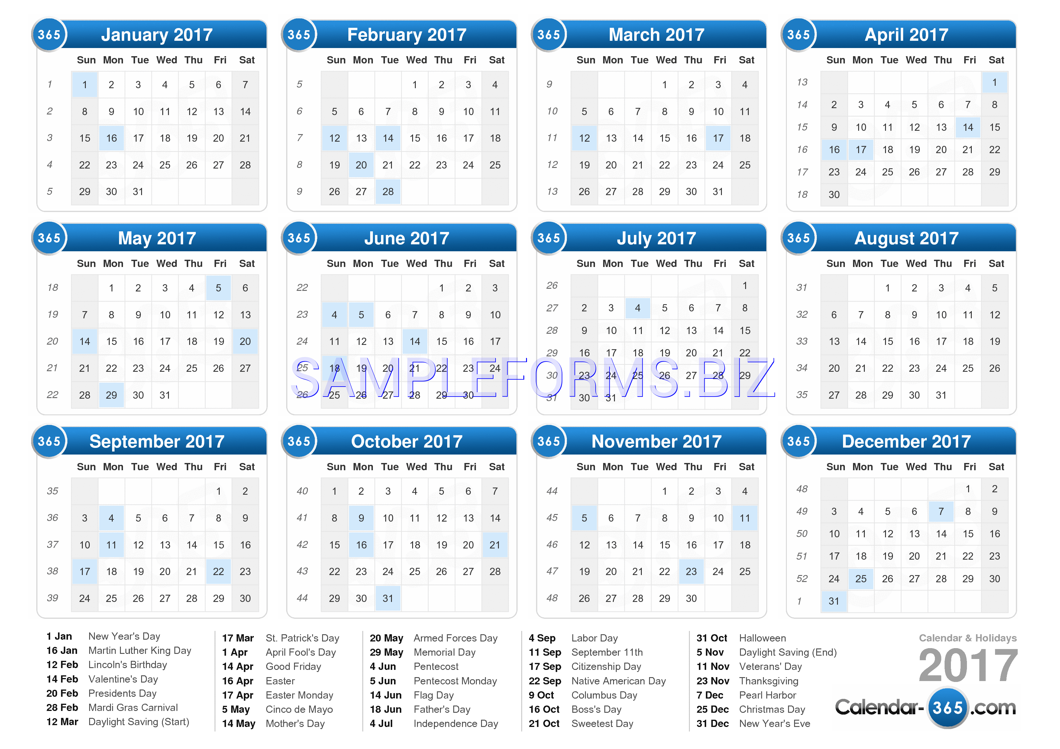 Preview free downloadable 2017 Yearly Calendar 2 in PDF (page 1)